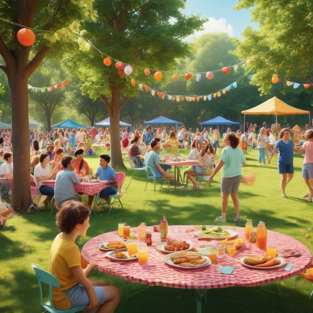 A vibrant community gathering in a sunny park, showcasing diverse individuals of all ages joyfully engaging in activities like laughter, dancing, and sharing food, surrounded by colorful decorations and nature. Emphasize a sense of togetherness and happiness with warm, inviting colors. super-realistic. vibrant colors. summer atmosphere.