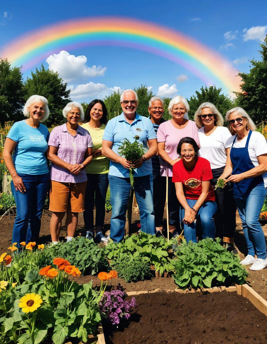 A diverse group of people of various ages and backgrounds, joined together in a community garden, planting flowers and vegetables, symbolizing connection and growth. In the background, a sunny sky with birds and a rainbow, representing hope and happiness. The scene should convey warmth, unity, and a sense of belonging. vibrant colors. super-realistic.