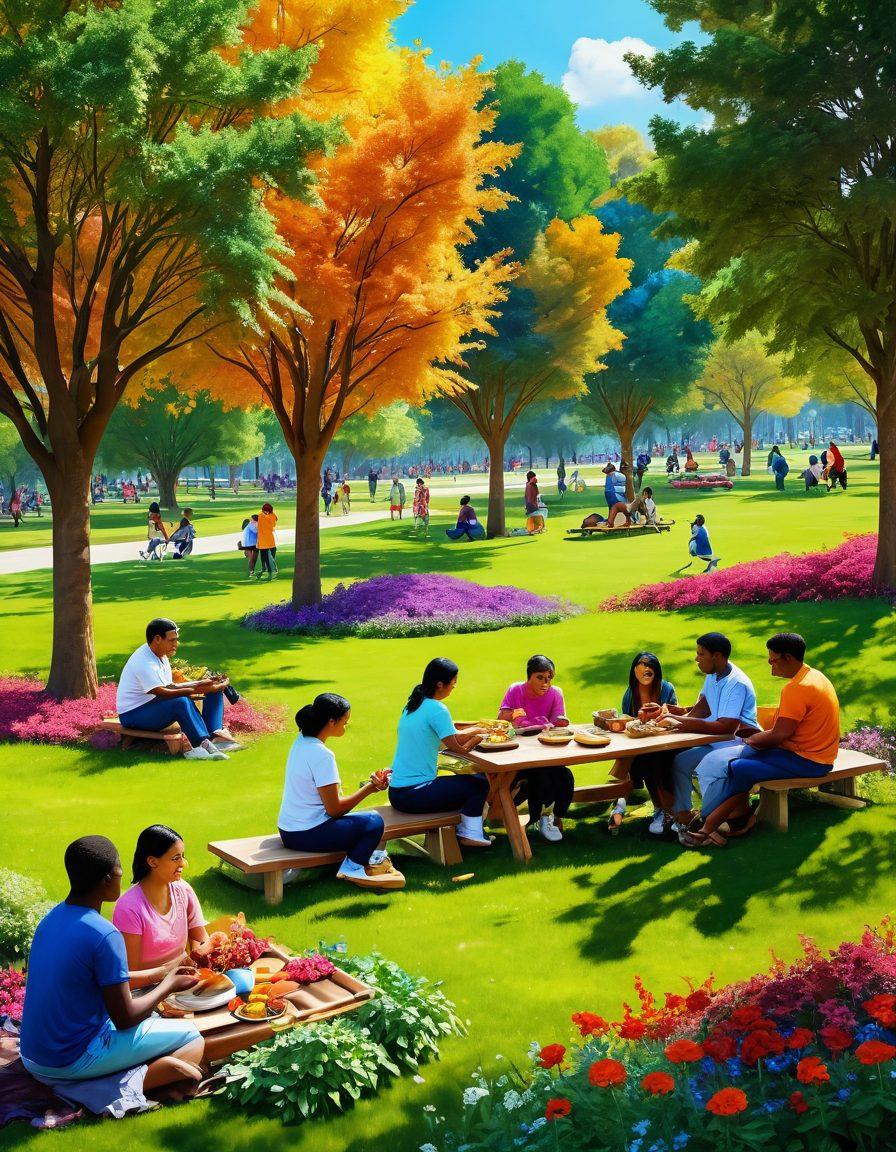 A serene landscape depicting diverse groups of people from different cultures joyfully engaging in cooperative activities, such as planting trees and sharing meals in a sunny park. The scene is infused with colors symbolizing harmony and unity, featuring natural elements like flowers and birds that represent growth and joy. The composition emphasizes connectedness and togetherness, inviting viewers to feel the bliss of unity. vibrant colors. super-realistic.